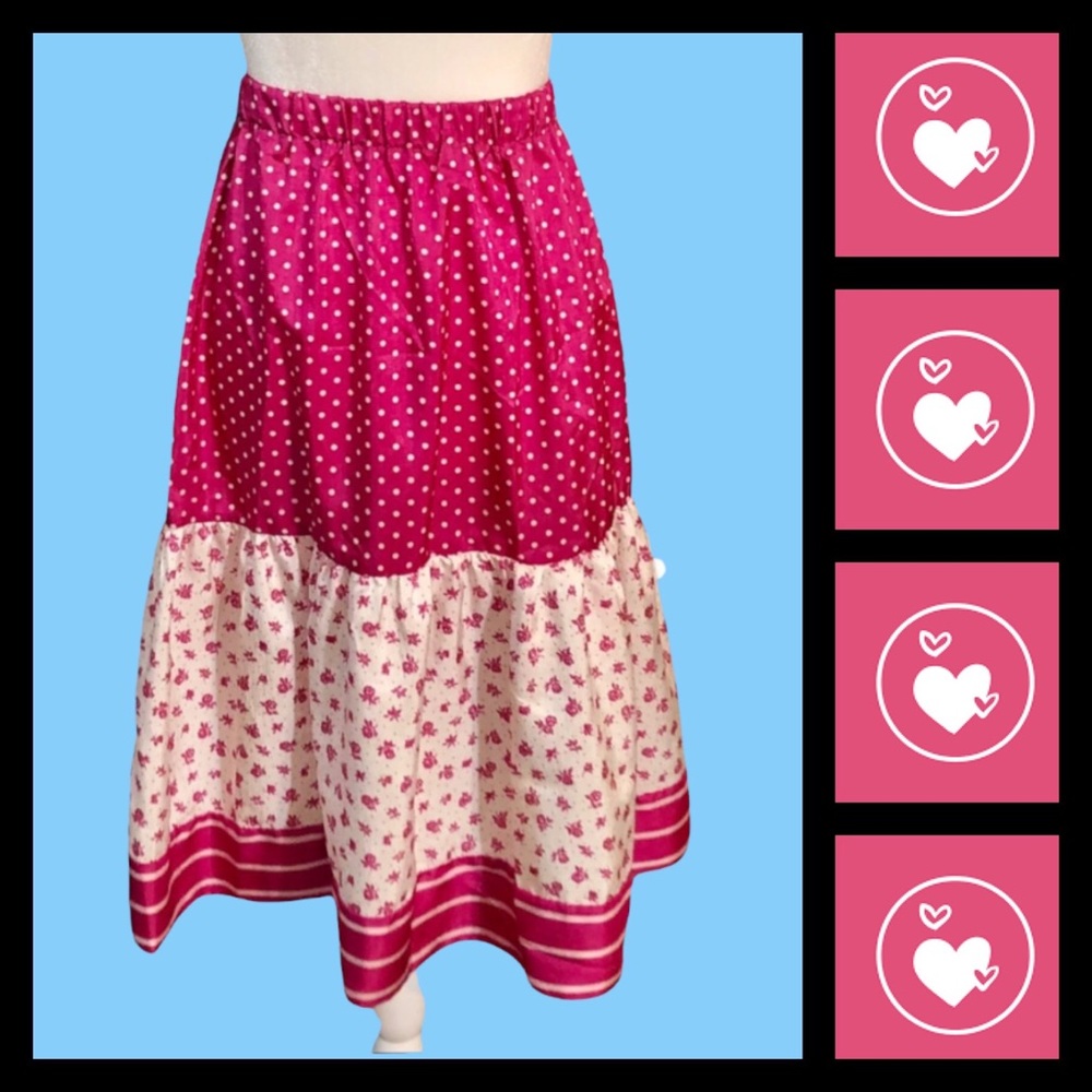 Vintage Jessica LTD Fuchsia Polka Dot and Floral Tiered Skirt